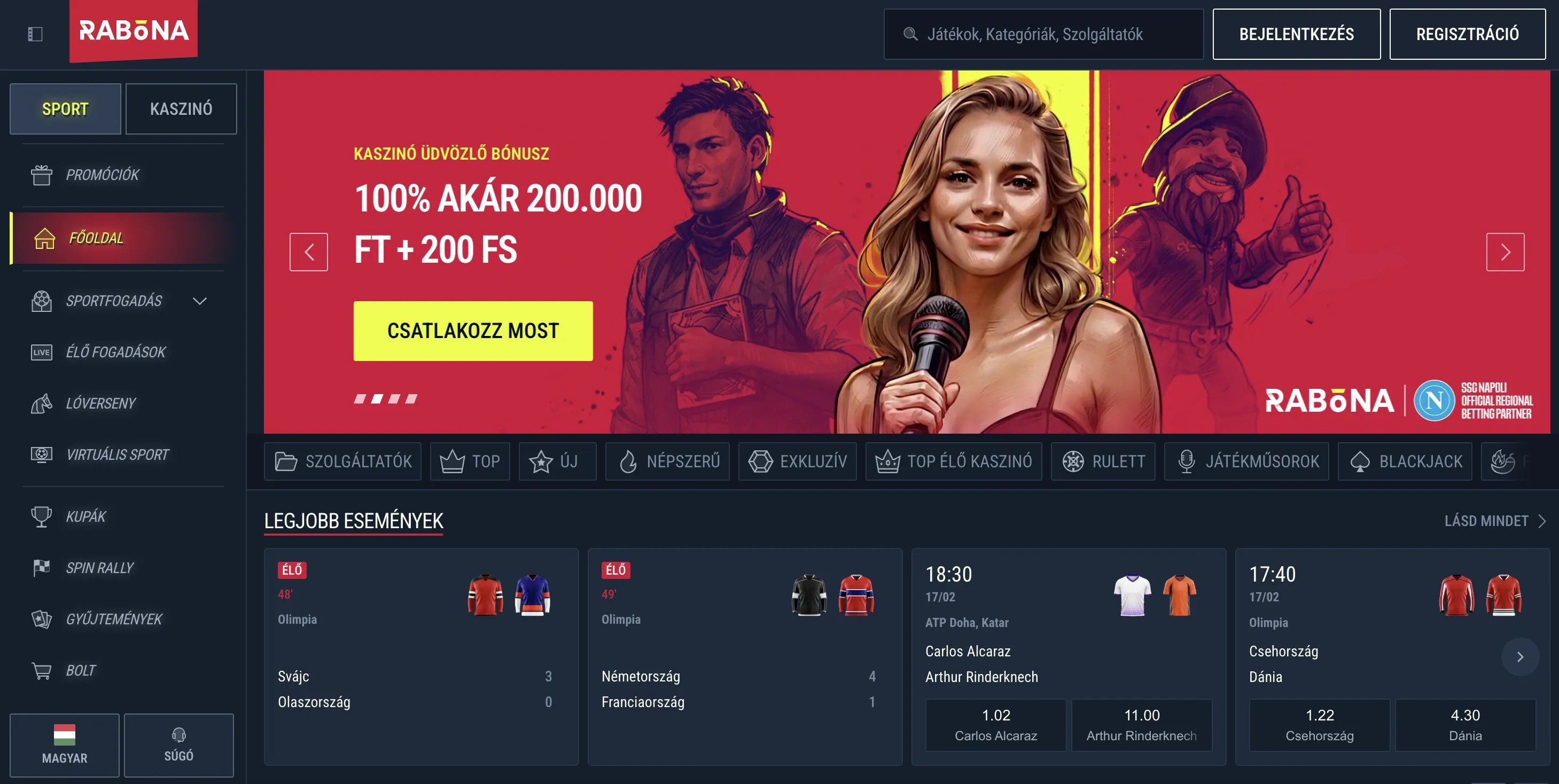 Rabona Casino honlapja